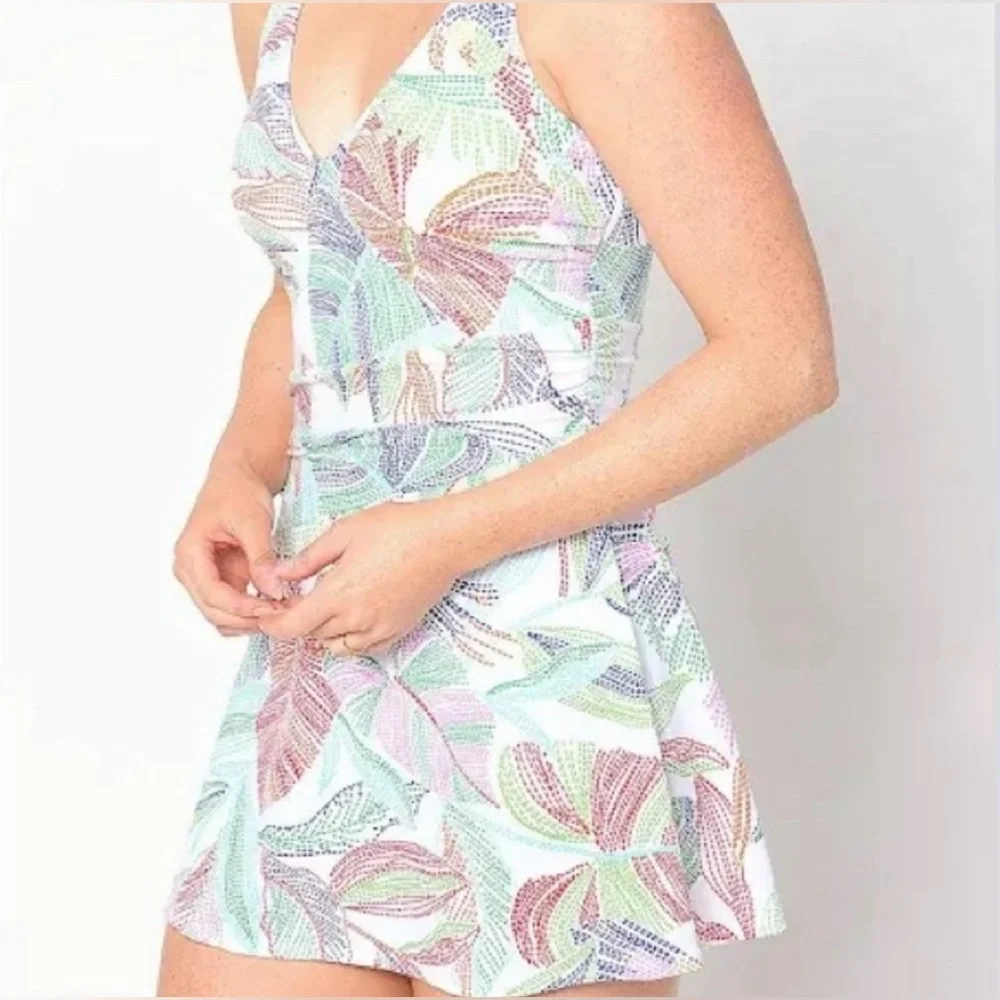 New Denim & Co. Beach Regular V-Neck Ruched Waist Swim Dress Multi size 14